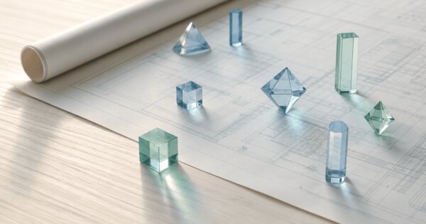 Plano arquitectónico con cristales geométricos marcando puntos clave
